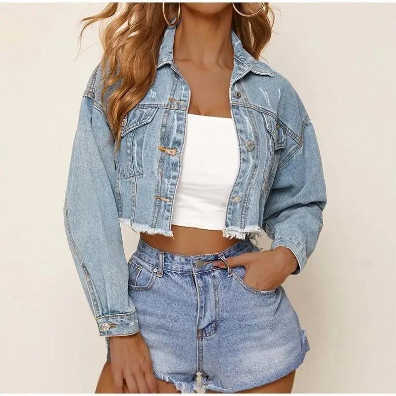 Unique Design Women's Denim Cropped Jacket Female Pockets Hole Short Jean Jackets Ladies Fashionable Button Casual Solid Coats