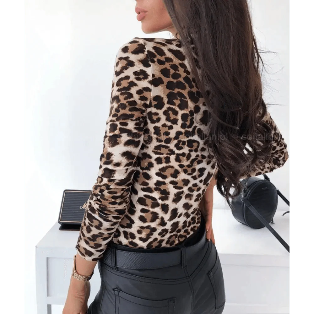 Unique Design Women's Snakeskin Leopard Print Blouse Ladies Casual Long Sleeve V-neck Button Down Bodycon Slim Fit Tops
