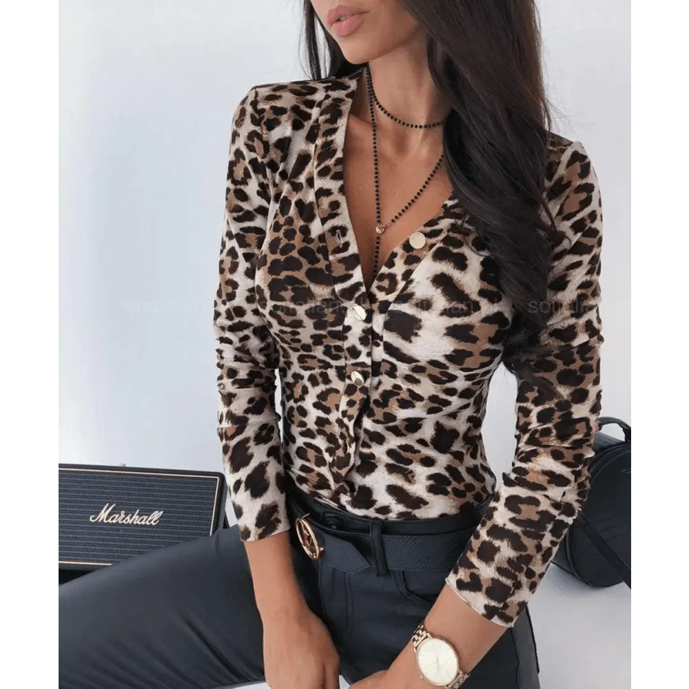 Unique Design Women's Snakeskin Leopard Print Blouse Ladies Casual Long Sleeve V-neck Button Down Bodycon Slim Fit Tops