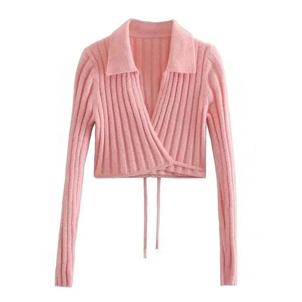 Unique Design Women's Sweater Solid Cross V-Neck Lace Up Bow Jumpers Long Sleeve Cardigan Female Spring Knitted Coat