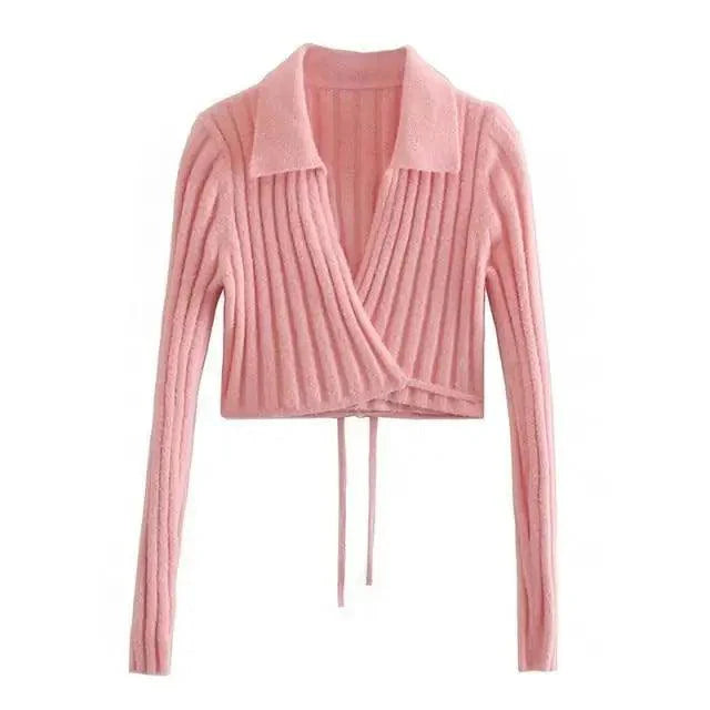 Unique Design Women's Sweater Solid Cross V-Neck Lace Up Bow Jumpers Long Sleeve Cardigan Female Spring Knitted Coat