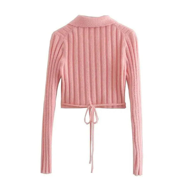 Unique Design Women's Sweater Solid Cross V-Neck Lace Up Bow Jumpers Long Sleeve Cardigan Female Spring Knitted Coat