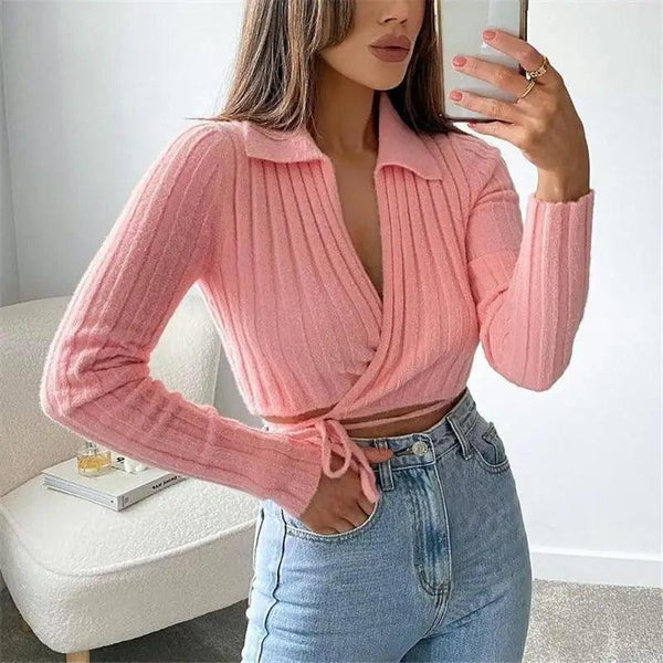 Unique Design Women's Sweater Solid Cross V-Neck Lace Up Bow Jumpers Long Sleeve Cardigan Female Spring Knitted Coat