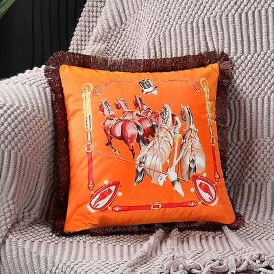 Unique Designed European American Luxury Printed Polyester Cushion Cover Horse printed Lumbar Cover Tassel Edge Modern Throw Pillow Covers Square Decorative Set Cushion Covers For Home Bed Couch Sofa Bench