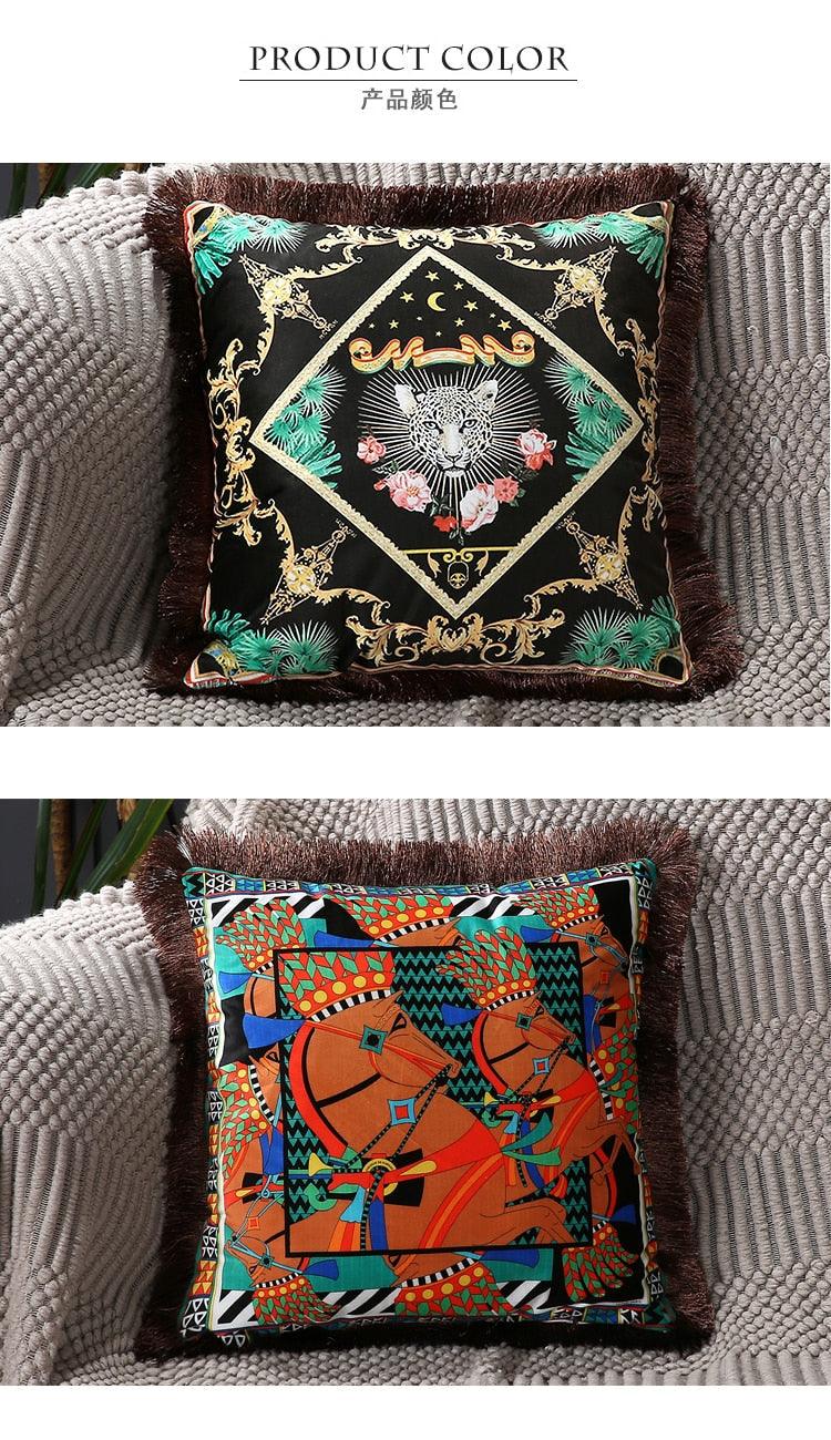 Unique Designed European American Luxury Printed Polyester Cushion Cover Horse printed Lumbar Cover Tassel Edge Modern Throw Pillow Covers Square Decorative Set Cushion Covers For Home Bed Couch Sofa Bench