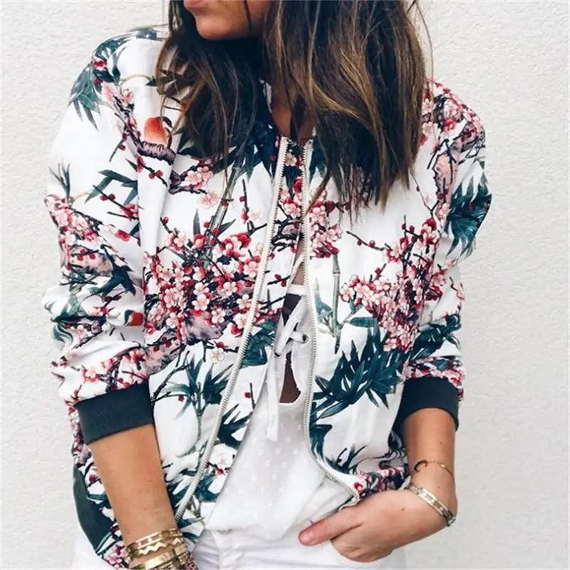 Unique Nature Design Women's jackets Floral Printed Ladies Zipper Up Bomber Outwear Spring Long Sleeve Short Thin Slim Casual Pocket Biker Coats