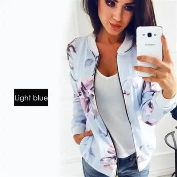 Unique Nature Design Women's jackets Floral Printed Ladies Zipper Up Bomber Outwear Spring Long Sleeve Short Thin Slim Casual Pocket Biker Coats