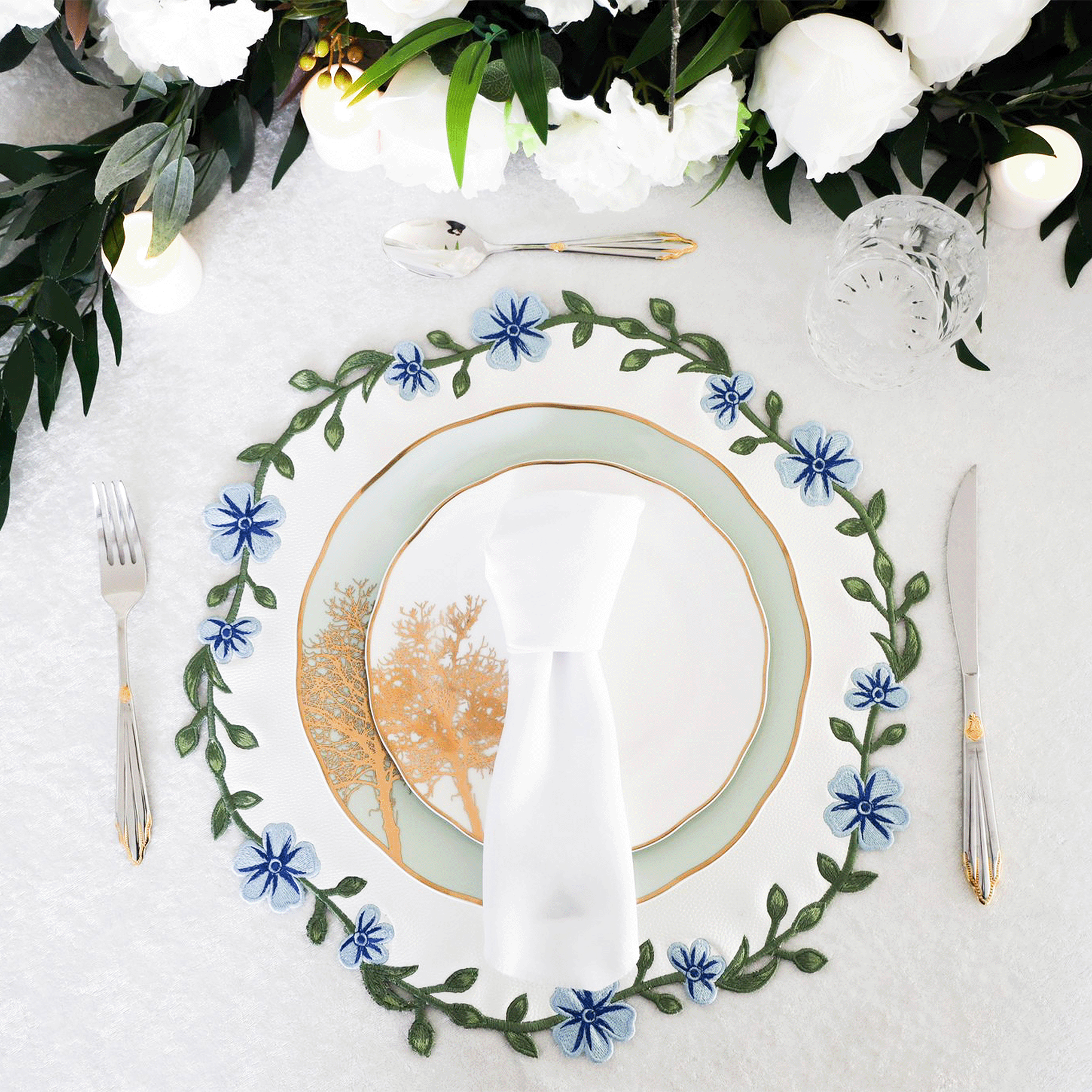 SPRING TABLE DECOR – UNITY WHITE & BLUE ROUND FAUX LEATHER PLACEMAT