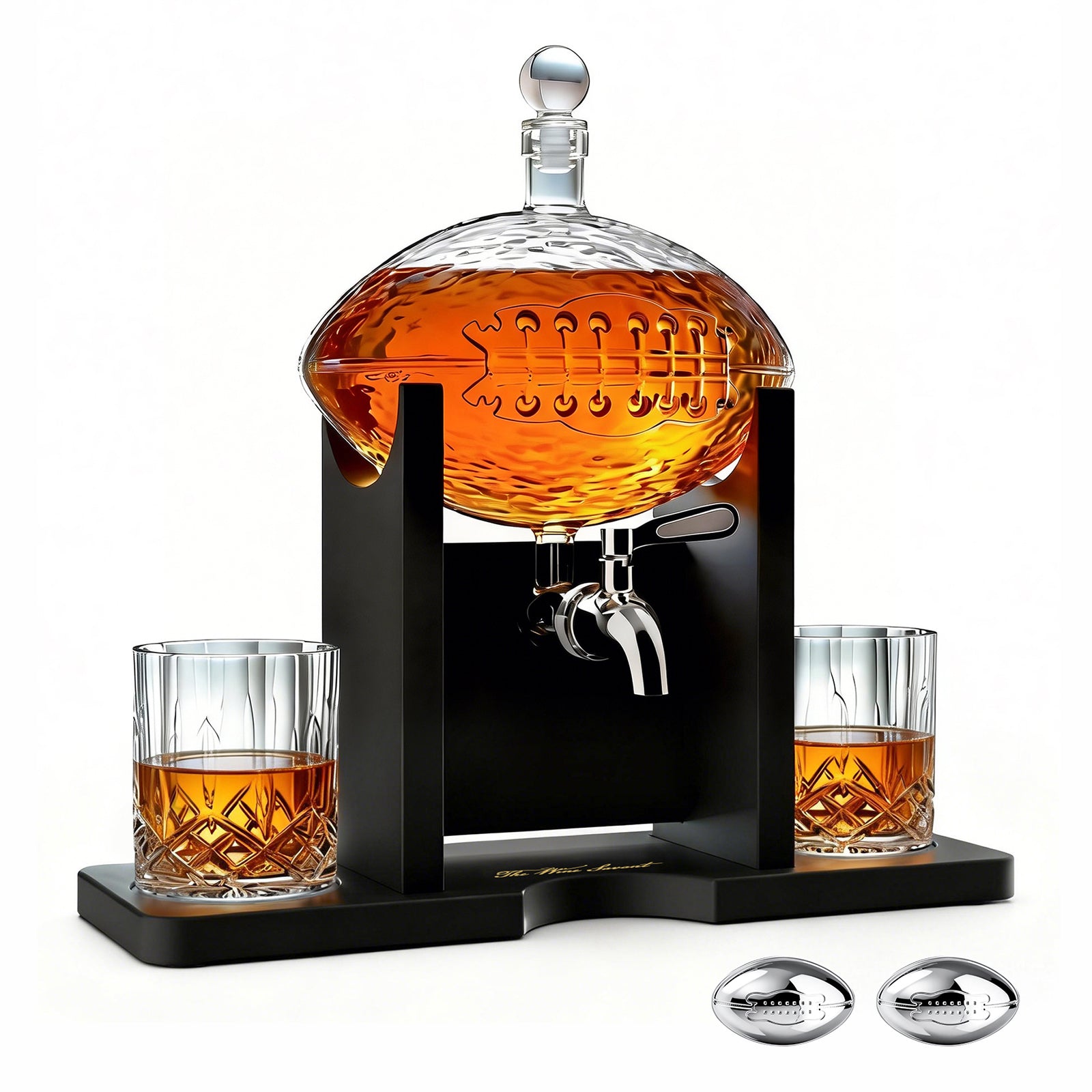 The Wine Savant Football Gifts for Men Dad - Decanter with Mahogany Holder Field Goal Holder + 4 Glasses & Footballs Chillers - Birthday Bar from Daughter Son, Retirement, Father, Him Brother