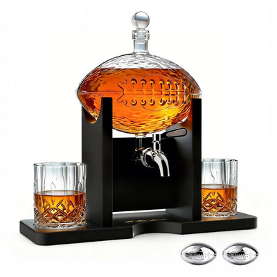 The Wine Savant Football Gifts for Men Dad - Decanter with Mahogany Holder Field Goal Holder + 4 Glasses & Footballs Chillers - Birthday Bar from Daughter Son, Retirement, Father, Him Brother