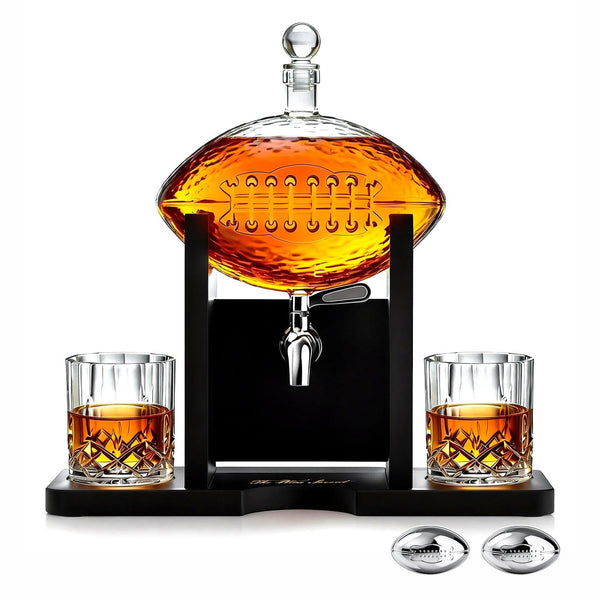 The Wine Savant Football Gifts for Men Dad - Decanter with Mahogany Holder Field Goal Holder + 4 Glasses & Footballs Chillers - Birthday Bar from Daughter Son, Retirement, Father, Him Brother