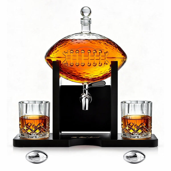 The Wine Savant Football Gifts for Men Dad - Decanter with Mahogany Holder Field Goal Holder + 4 Glasses & Footballs Chillers - Birthday Bar from Daughter Son, Retirement, Father, Him Brother