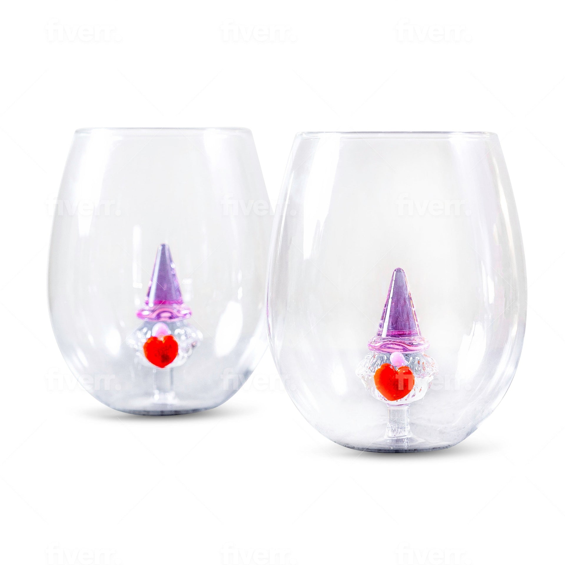 3D Gnome Heart Stemless Wine Glasses Jersey Art Glass