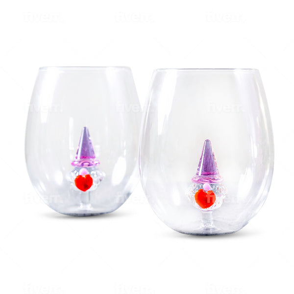 3D Gnome Heart Stemless Wine Glasses Jersey Art Glass