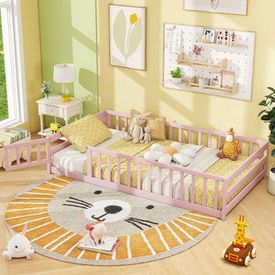 Twin Size Montessori Floor Bed Frame with Full Length Safety Guardrails-Pink