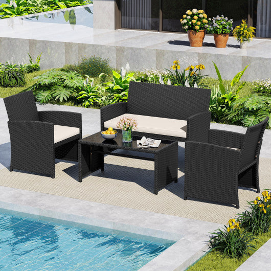 4 Pieces Patio Furniture Set with Tempered Glass Tabletop and Removable Cushion-White