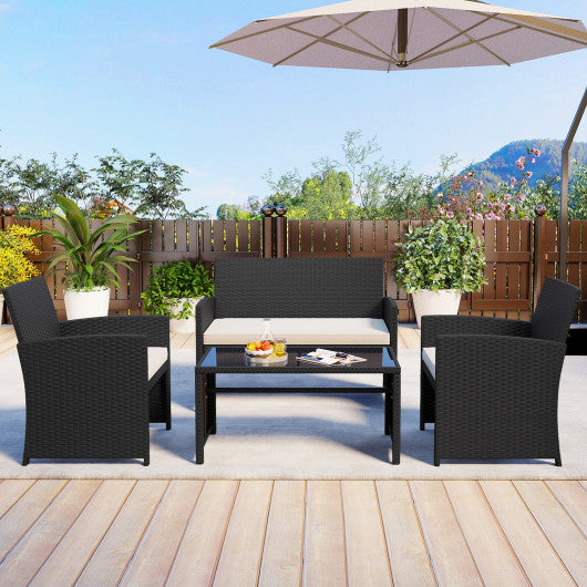 4 Pieces Patio Furniture Set with Tempered Glass Tabletop and Removable Cushion-White