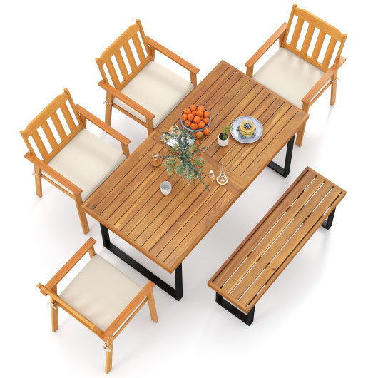 6 Pieces Patio Dining Table Set 63” Rectangle Table with 4 Acacia Wood Armchairs and Backless Bench