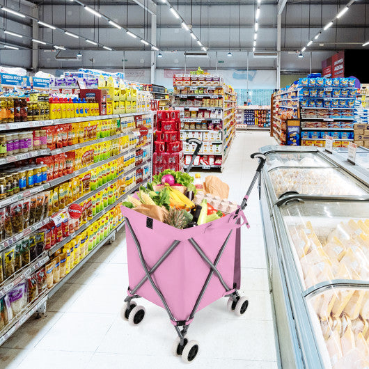 Folding Shopping Utility Cart with Water-Resistant Removable Canvas Bag-Pink