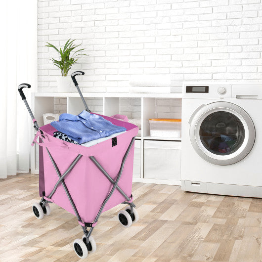 Folding Shopping Utility Cart with Water-Resistant Removable Canvas Bag-Pink