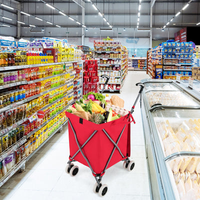 Folding Shopping Utility Cart with Water-Resistant Removable Canvas Bag-Red