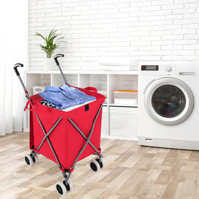 Folding Shopping Utility Cart with Water-Resistant Removable Canvas Bag-Red