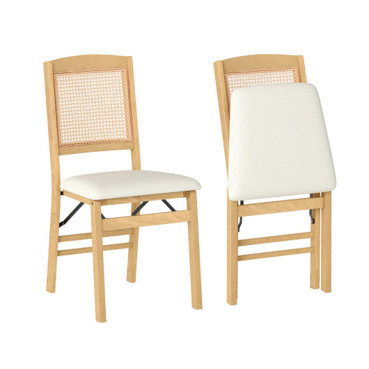 Folding Dining Chairs Set of 2 Rubber Wood Chairs with Linen Padded Seat-Natural