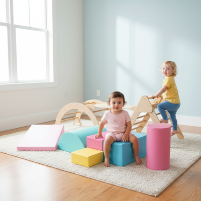 7-in-1 Pikler Triangle Set with 6-Piece Foam Blocks for Toddlers Indoor Playground