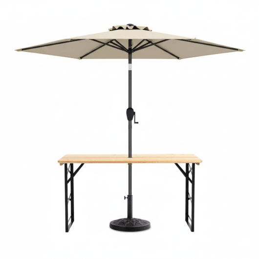 3-Piece Patio Picnic Table Set: Adjustable Wooden Picnic Table + Umbrella + Umbrella Base