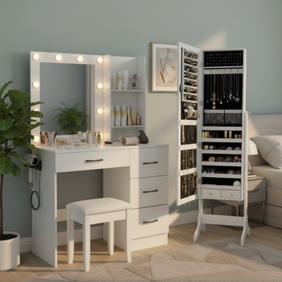 Bedroom Set with Lockable Mirrored Jewelry Cabinet  and Vanity Desk