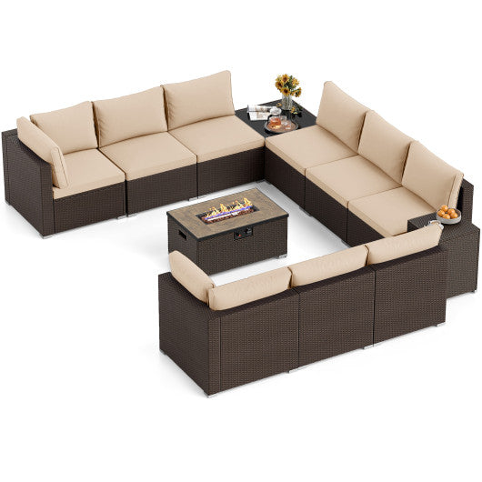 Outdoor PE Rattan Conversation Set with 32” Propane Fire Pit Table and Tank Holder-Beige