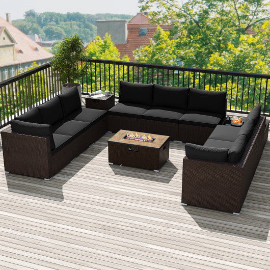 Outdoor PE Rattan Conversation Set with 32” Propane Fire Pit Table and Tank Holder-Black