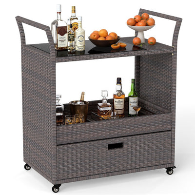 Outdoor Wicker Bar Cart Table with Tempered Glass Top
