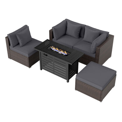 Heavy-duty Frame Rattan Sofa Set with 60000 BTU Firepit Table-Gray