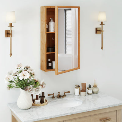 Bamboo Small Medicine Cabinet with Mirror Door and Removable Shelves-Natural