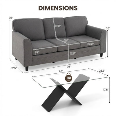Contemporary Living Room Furniture Suite: Modern 3-Seat Teddy Velvet Sofa + 47-Inch Glass Coffee Table