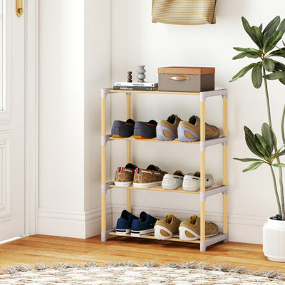 4-Tier Solid Wood Shoe Rack with Slatted Open Shelves-Gray