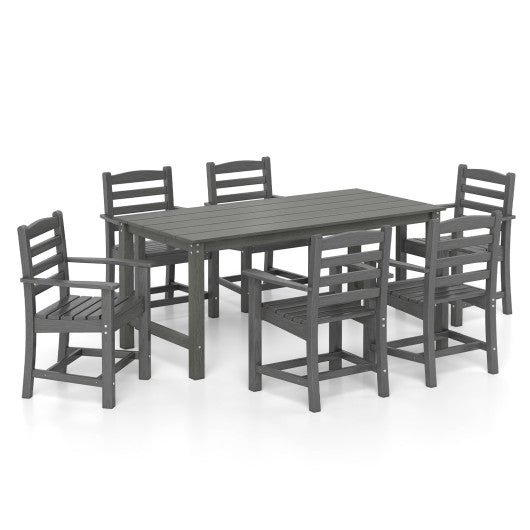 7 Pieces Outdoor Dining Table Set for 6 People 67 Inch HDPE Patio Rectangle Table and 6 Armchairs-Gray