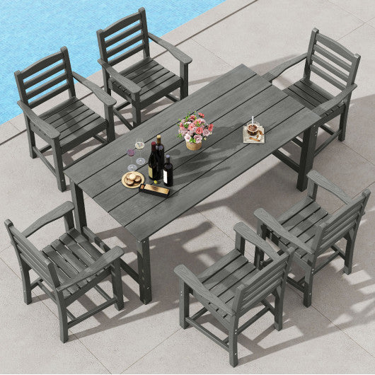 7 Pieces Outdoor Dining Table Set for 6 People 67 Inch HDPE Patio Rectangle Table and 6 Armchairs-Gray