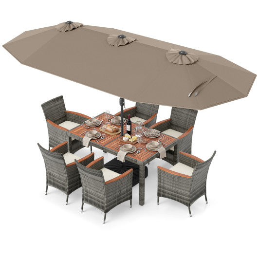 8 Pieces Outdoor Wicker Dining Furniture and 13.5 FT Double-Sided Patio Umbrella-Brown