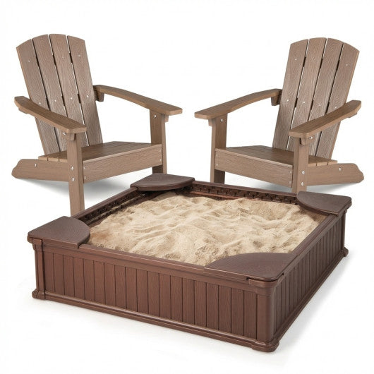Kids Sandbox with Cover and Seats with 2 Kids Adirondack Chairs