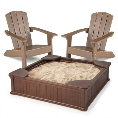 Kids Sandbox with Cover and Seats with 2 Kids Adirondack Chairs
