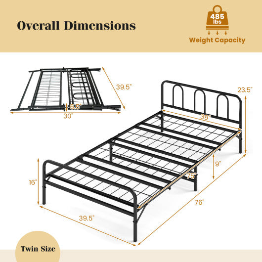 Heavy Duty Metal Twin Foldable Bed Frame with Headboard & Footboard-Black
