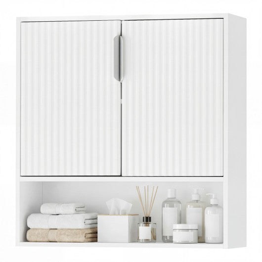 Bathroom Wall Cabinet with 2 Fluted Doors and Open Cube and Adjustable Shelf-White