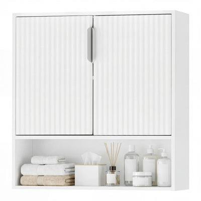 Bathroom Wall Cabinet with 2 Fluted Doors and Open Cube and Adjustable Shelf-White