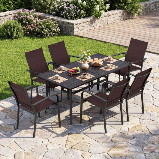 7-Piece Patio Dining Set for 6 with Rectangle Metal Table and Stackable Breathable Mesh Armchairs-Brown