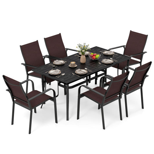 7-Piece Patio Dining Set for 6 with Rectangle Metal Table and Stackable Breathable Mesh Armchairs-Brown