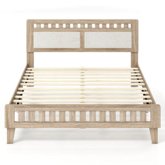 Queen Wood Bed Frame with Upholstered Headboard-Natural