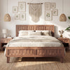 Mid Century Queen Size Bed Frame with Woven Accent Headboard-Natural