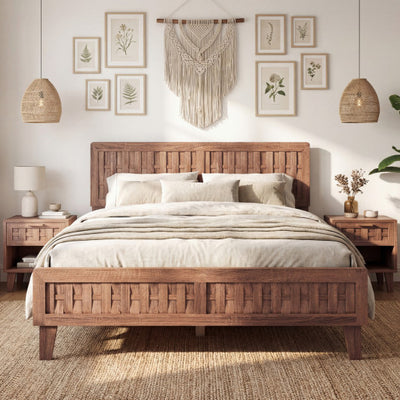 Mid Century Queen Size Bed Frame with Woven Accent Headboard-Natural